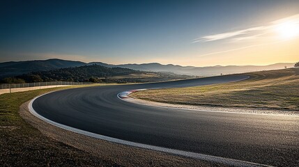 Wall Mural - A winding racetrack curves through a serene landscape under a clear sky.