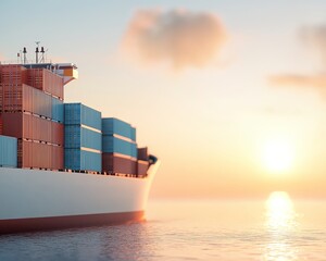 Cargo ship sailing on calm waters at sunset. The ship is loaded with shipping containers.