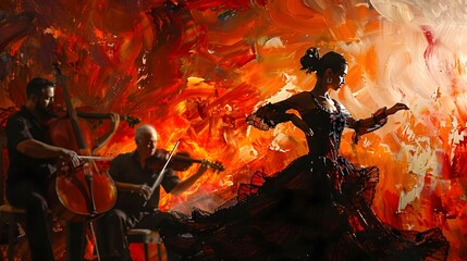 flamenco dancer performing with live musical accompaniment against fiery abstract art backdrop