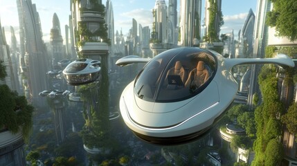 Poster - A futuristic flying car is in the air over a city, AI