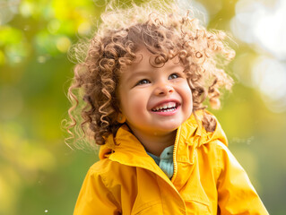 Joyful happy child boy playing in autumn park, close-up portrait