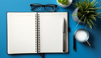 Wall Mural - Innovative Ideas and Insights: A Case Study Reflected on Notebook with Pen and Glasses Against a Blue Background