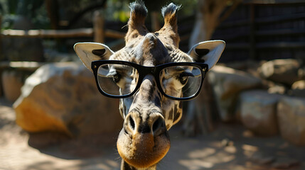 Curious giraffe peeking over a fence in a vibrant green forest, close-up view of giraffe head, funny and cute animal expression, wildlife safari moment, playful giraffe in natural habitat