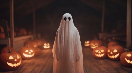 Canvas Print - A ghostly figure stands in front of pumpkins, AI