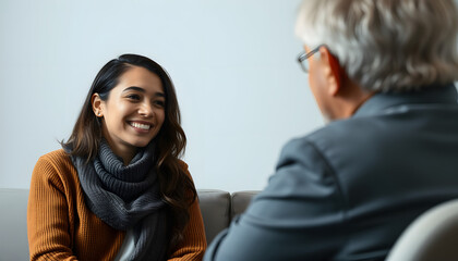 Young smiling married couple during therapy session with a psychologist isolated with white highlights, png