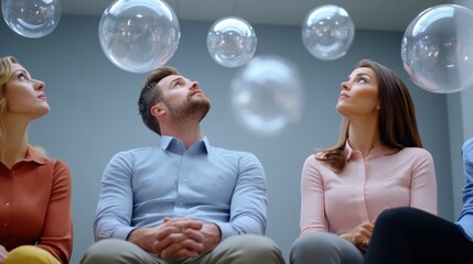 Wall Mural - Three people looking up at a group of bubbles floating in the air, AI