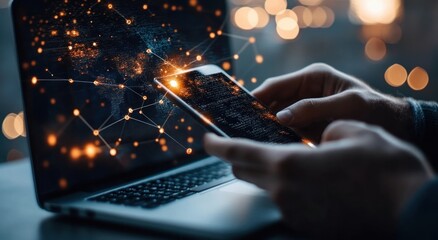 Poster - Connecting the World: Hands holding a smartphone with a laptop in the background