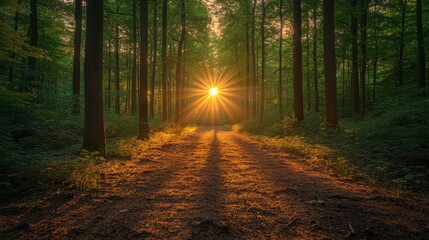 The image of the morning sun shining through the shadows of the forest on a new morning, conveys a new beginning, hope, an image that gives a feeling of positive energy to the mind.