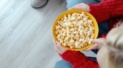 Canvas Print - A person holding a yellow bowl of popcorn in their hands, AI