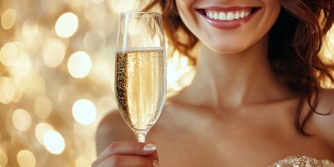 Holiday Revelry: Radiant Woman Sips from Glass of Bubbles