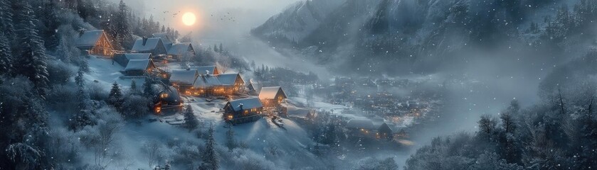 Poster - A serene winter landscape featuring a cozy village illuminated by warm lights, surrounded by snow-capped mountains and mist.