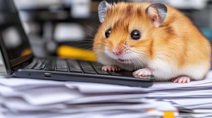 Sticker - A hamster sitting on top of a pile of papers with its paws resting on the keyboard, AI