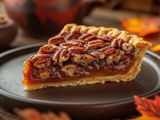 Slice of delicious pecan pie on a plate, showcasing its rich, golden filling and crunchy pecan topping, perfect for autumn desserts.