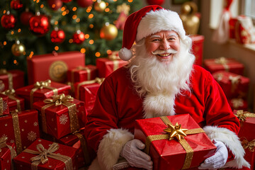 Sticker - A man dressed as Santa Claus sitting in front of a pile of presents