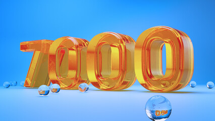 Bright orange glass numbers forming '7000' with reflective spheres, set on a soft blue background. A dynamic and futuristic design blending vibrant color with modern elegance.