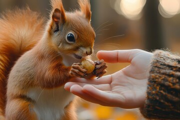 closeup of gentle hands feeding acorn to curious red squirrel in autumn forest soft bokeh