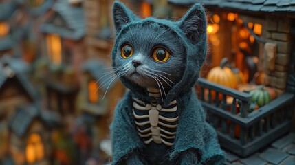 A cat in a skeleton costume stands on Halloween, which is a symbol of Halloween or Day of the Dead, which falls on October 31st every year.