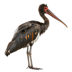 Poster - Majestic black stork with a striking red beak and vibrant feathers stands against a transparent background, perfect for nature-themed projects