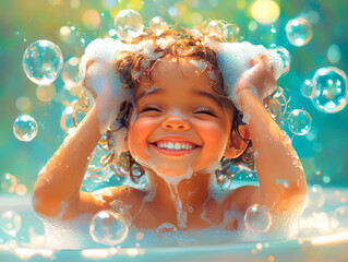 A cheerful young child happily washing their hair in a bright and colorful bathroom, surrounded by fluffy bubbles