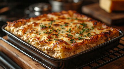 Baking pasta with cheese and parsley in a square baking dish