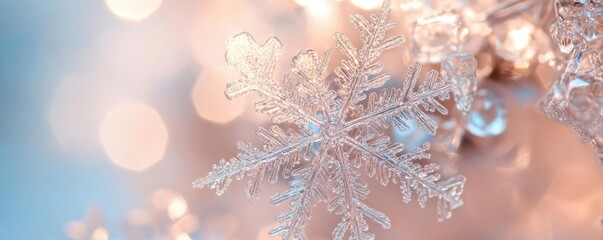 Poster - A close-up of an intricate snowflake with delicate patterns, glistening against a soft, blurred background of winter hues.