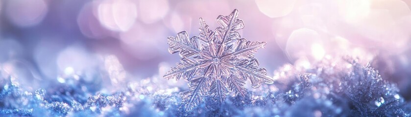 Aufkleber - A stunning close-up of a crystal snowflake resting on shimmering frost, highlighting winter's beauty and elegance in soft colors.