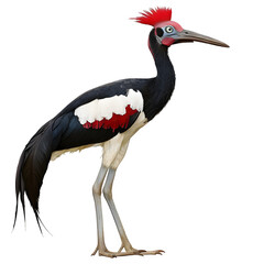 Poster - Striking black and white bird with a vibrant red crest and long beak standing against a transparent background, showcasing its detailed feathers