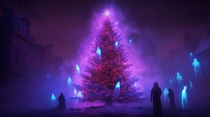 Canvas Print - Haunted Christmas tree glowing with neon lights, ghostly figures circling in a misty glow, eerie yet vibrant, Creepy neon ghostly Christmas