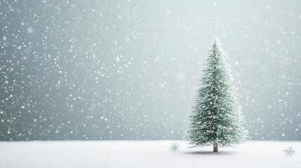 Wall Mural - A stylish minimalist holiday background Christmas tree and a few snowflakes scattered around 