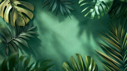 Wall Mural - tropical leaves banner on green background with leaf shadow
