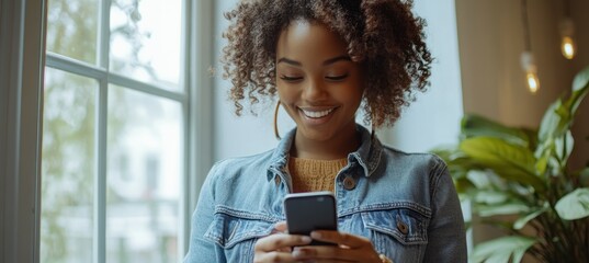 Poster - Woman Smiling While Checking Her Phone