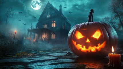 Halloween pumpkin with candlelight in front of a haunted house background,