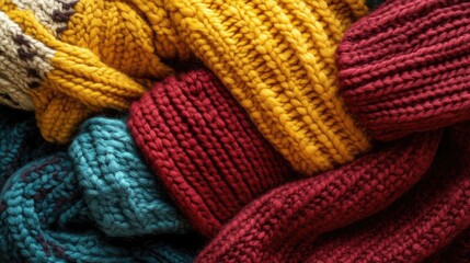 Poster - A cozy arrangement of colorful knitted sweaters. Soft textures and warm hues ideal for winter fashion and home decor.
