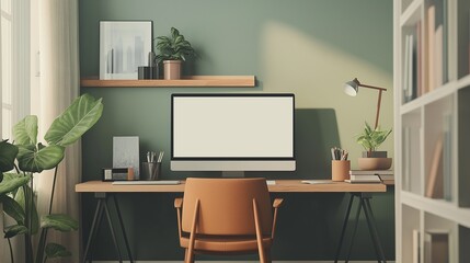 A modern workspace with a computer, laptop, and various office supplies on a desk.	
