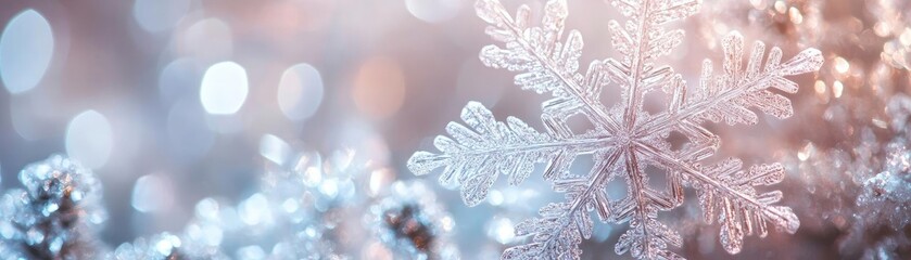 Poster - A close-up of exquisite snowflakes illuminated by soft light, creating a serene winter atmosphere with shimmering details.