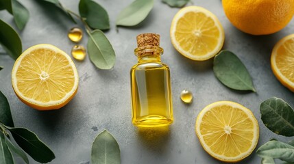 Wall Mural - Bright citrus essence captured in a bottle surrounded by fresh lemon slices and green leaves on a textured surface