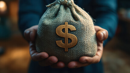 Close-up of a burlap sack with a gold dollar symbol being held in both hands, symbolizing wealth, savings, and financial security.