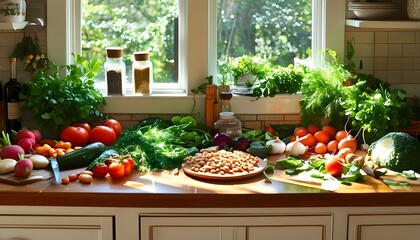 Wall Mural - Inviting sunlit kitchen counter brimming with fresh herbs, vibrant vegetables, and legumes, inspiring healthy and delicious home-cooked meals.