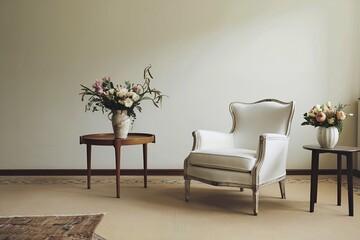 Minimalist living room with white vintage armchair carpet and elegant home decor