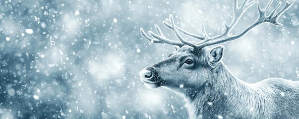 Wall Mural - A majestic deer stands gracefully amidst falling snowflakes, embodying the serene beauty of winter landscapes.