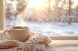 © Nico - A steaming cup of coffee rests on a knitted blanket in front of a snowy winter scene.