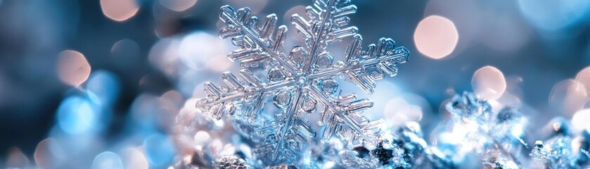 Aufkleber - Close-up of a delicate snowflake with shimmering details, surrounded by a soft bokeh background, perfect for winter themes.