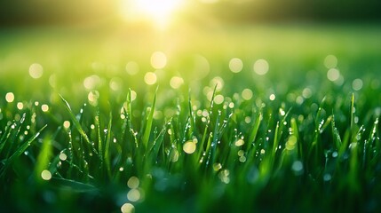 Wall Mural - Close-up of Dew-Covered Grass Blades in Sunlight