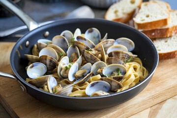 Tasty appetizing fresh homemade clams alle vongole with garlic and white wine on pan