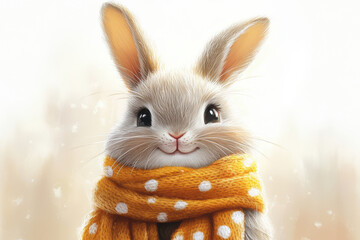 An anthropomorphic little rabbbit dressed in robes with white dots, wearing a bright scarf covering its eyes and smiling.