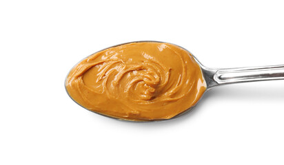 Wall Mural - Tasty peanut butter in spoon isolated on white, top view