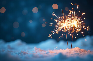 Wall Mural - christmas winter night background with sparklers infront. copy space on the left.