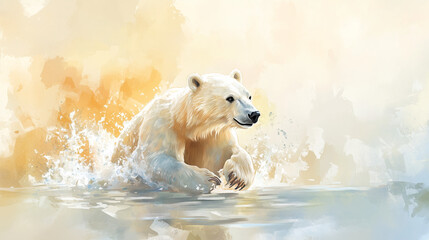 Polar bear running in shallow water, playful mood, lively motion, soft pastel background, copy space