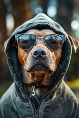 Poster - A dog wearing a hooded jacket and sunglasses