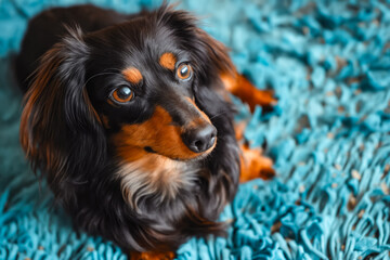 Poster - A long haired dog laying on a blue rug